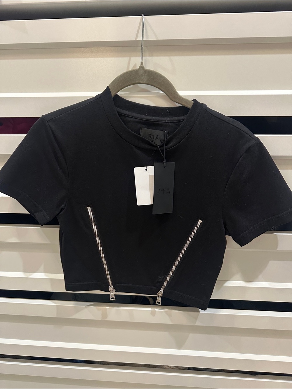 RtA Black Cropped Tee with Angled Silver Zippers